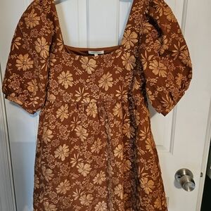 Floral Puff Sleeve Mini Dress - Brown